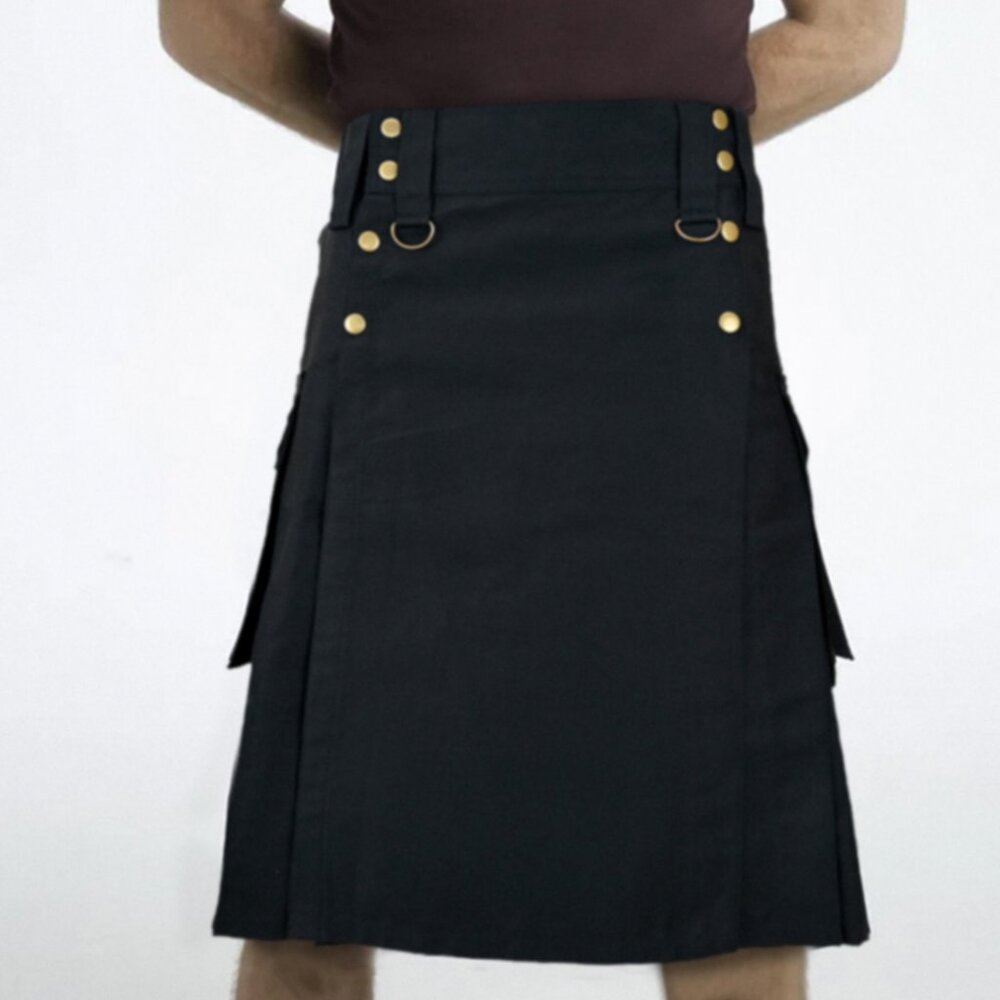Scottish Men Highlander Kilt Black Men Cotton kilt With 6 pockets NEW
